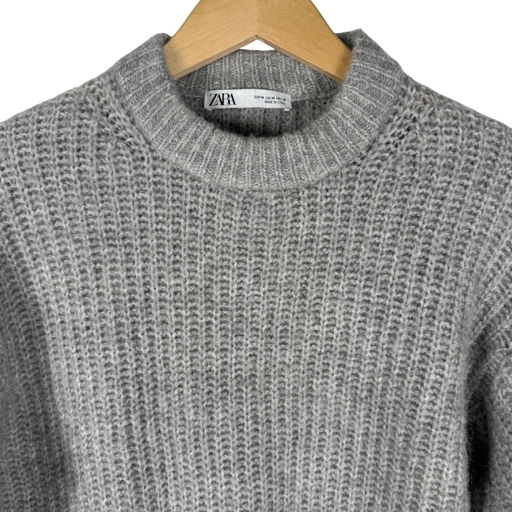 Zara Chunky Shaker Knit Crew Neck Sweater Womens M Grey Ribbed Relaxed Fit - Picture 4 of 6